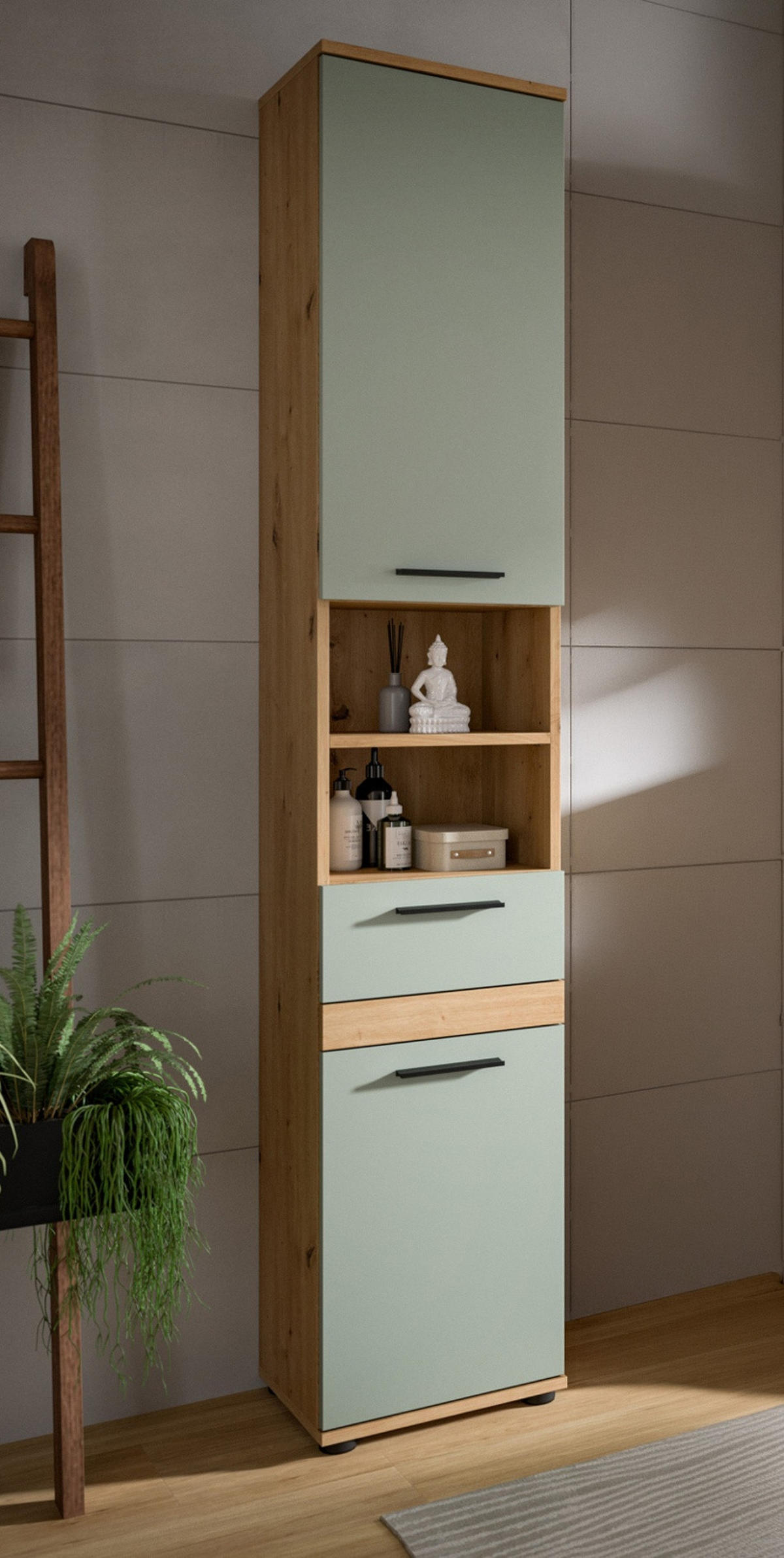 HOCHSCHRANK Salbei, Artisan Eiche 35 x 191 cm, Badschrank mit vielen Fächern - Salbeigrün/Schwarz, Holzwerkstoff/Kunststoff (35/191/31cm) - Inn.Furn