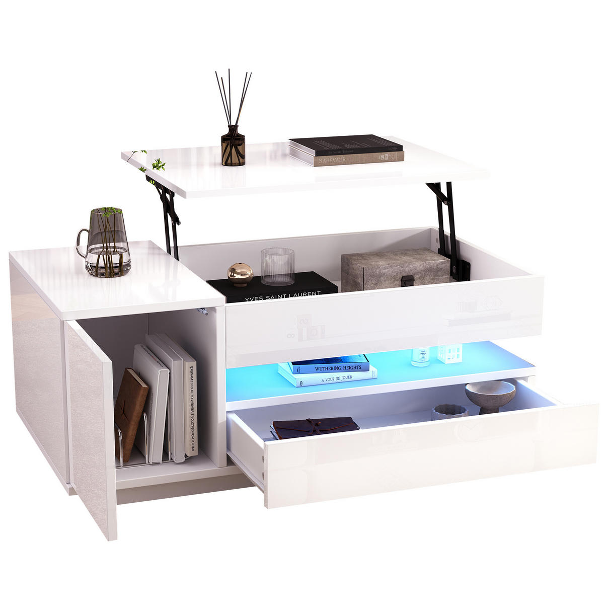 COUCHTISCH 95/50/34,5 cm mit Hebefunktion, LED-Beleuchtung, Schublade und Schrank aus Spanplatte, Weiß - Weiß, Holzwerkstoff (90/50/34.5cm) - Redom
