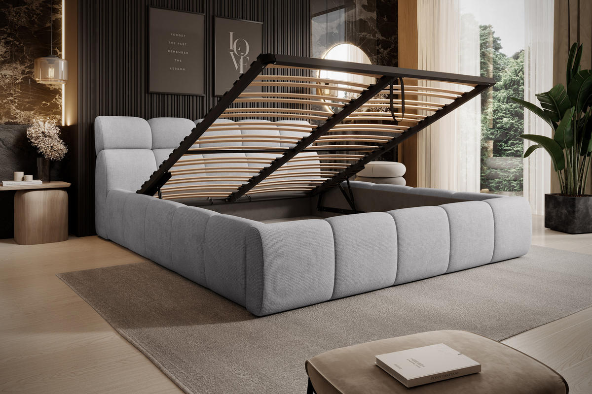 POLSTERBETT GIULIA, komfortabel, mit Bettkasten, verstellbarem Kopfteil und LED, 160x200x96 cm, Farbe Hellgrau - Hellgrau/Schwarz, Holzwerkstoff/Kunststoff (160/200cm) - DomoHome