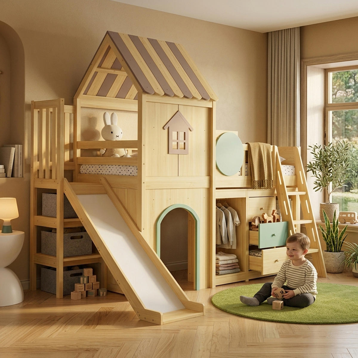 HOCHBETT 90/200 cm in Natur & Grün mit Rutsche, dreistufiger Treppe, Ablagefächern, Schubladenschrank und Kleiderschrank - Naturfarben, Holzwerkstoff (90/200cm) - STILVORA