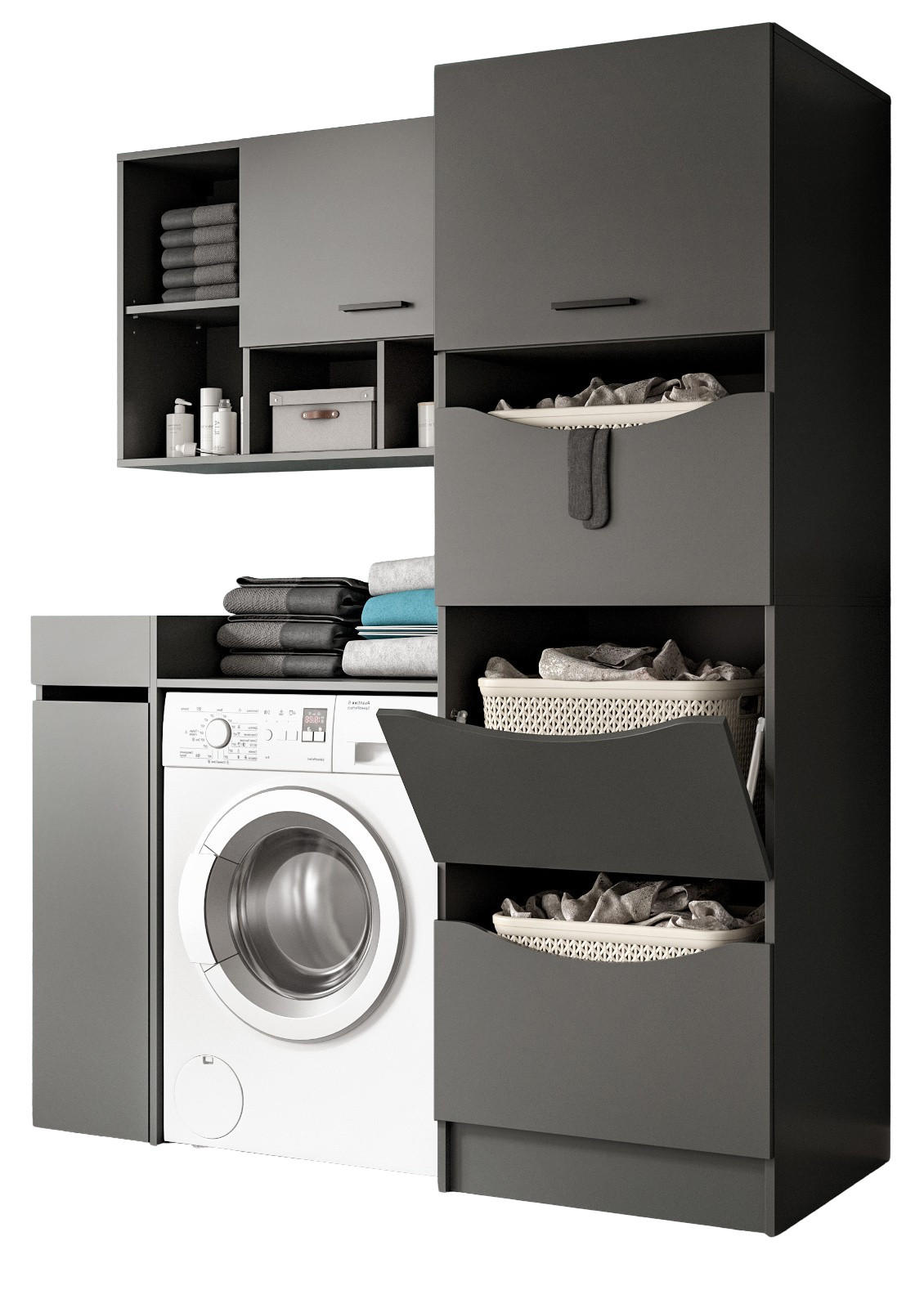 WASCHMASCHINENSCHRANK grau Set 4-teilig 155 x 196 cm, modernes Design - Schwarz/Grau, Holzwerkstoff/Kunststoff (155/196/68cm) - Inn.Furn