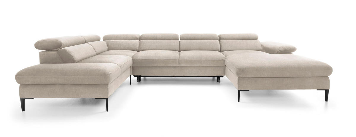 WOHNLANDSCHAFT MESTO Creme Velours-Stoff mit Schlaffunktion - Creme, Holz (353/94/182cm) - MASSENO