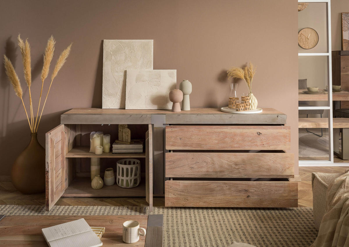 SIDEBOARD Akazie 200x45x75 beige lackiert Amsterdam #130 - Beige, Holz (200/75/45cm) - Massivmoebel24