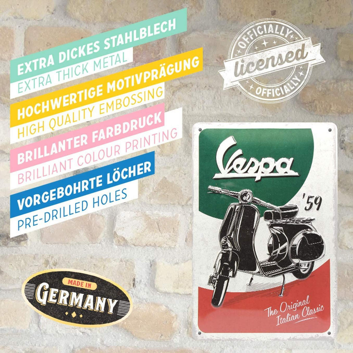 BLECHSCHILD 20/30 cm Vespa The Italian Classic - Multicolor, Metall (20/30/0.2cm) - Nostalgic-Art