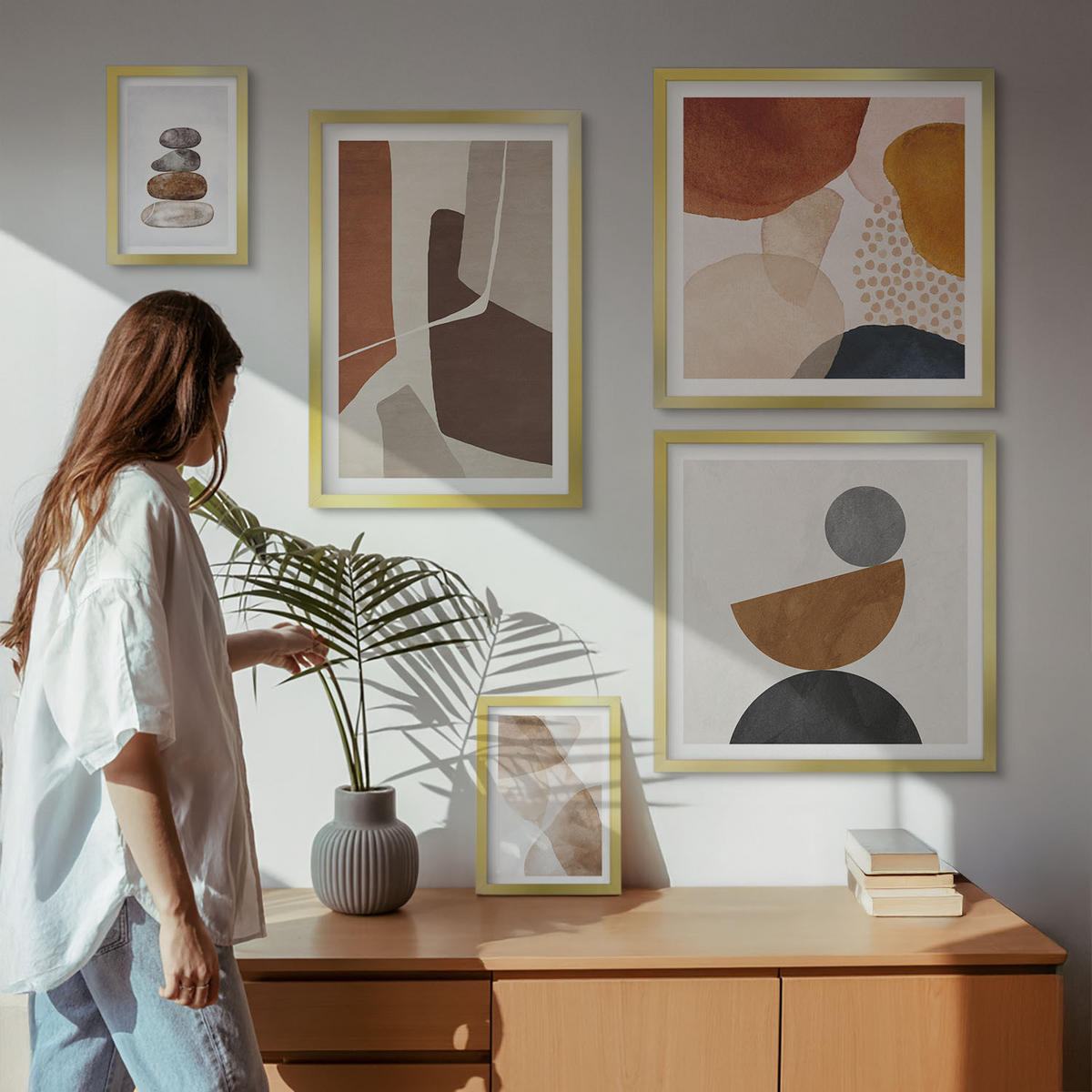 WANDBILDER 5er Set - 50x50 cm & 20x30 cm & 40x60 cm Goldrahmen - Abstrakte Malerei Dekorationen - Goldfarben, Kunststoff (40/60cm) - ArtPrintCave