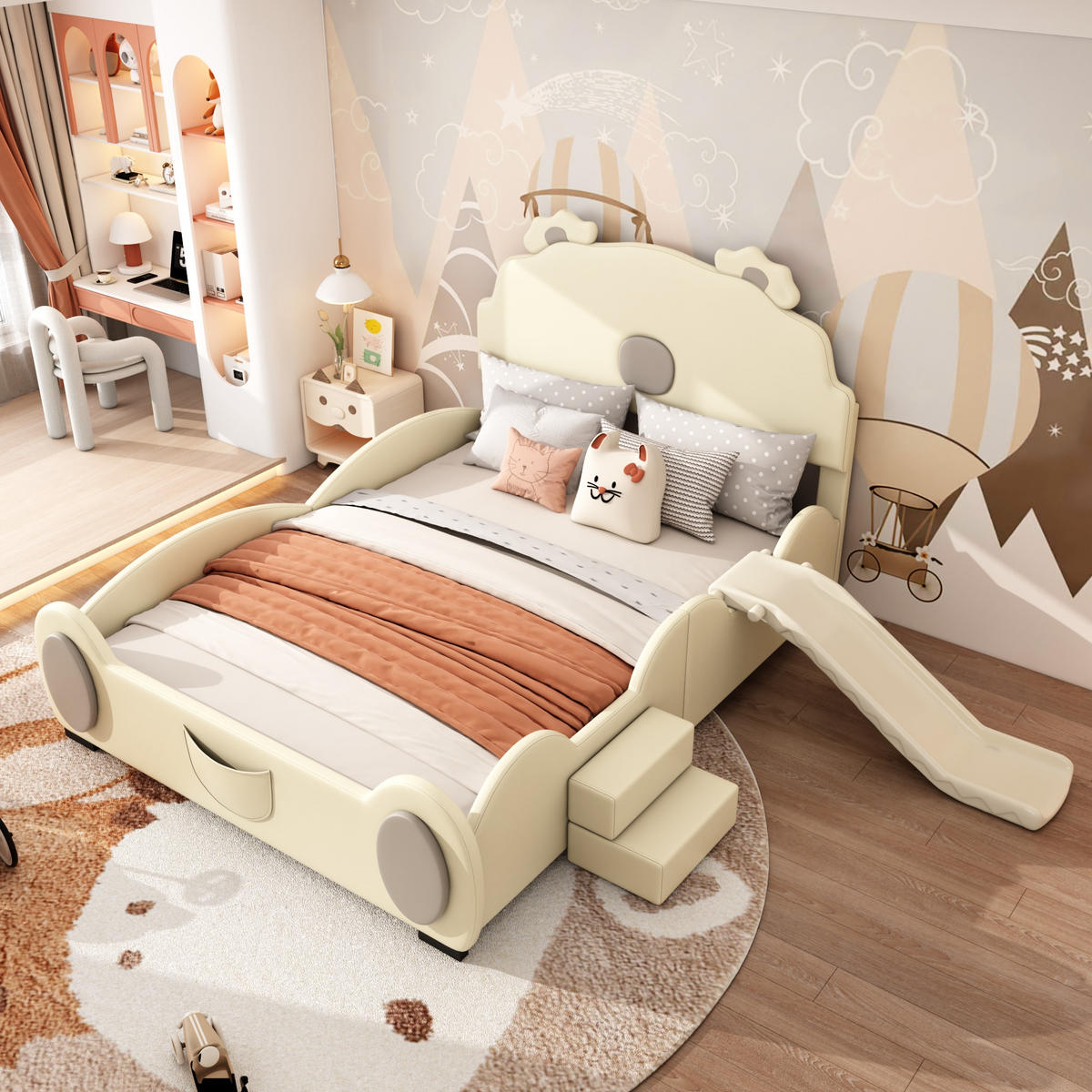 KINDERBETT 140x200cm Beige Cartoon Bärenbett mit Rutsche und Leiter - Beige, Holz (140/200cm) - FLIEKS