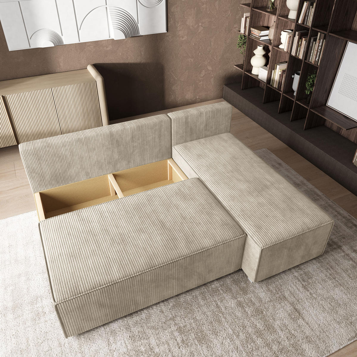 ROHOVÁ SEDAČKA BRISO krémová - šedá/krémová, dřevo/textil (200/140cm) - MASSENO