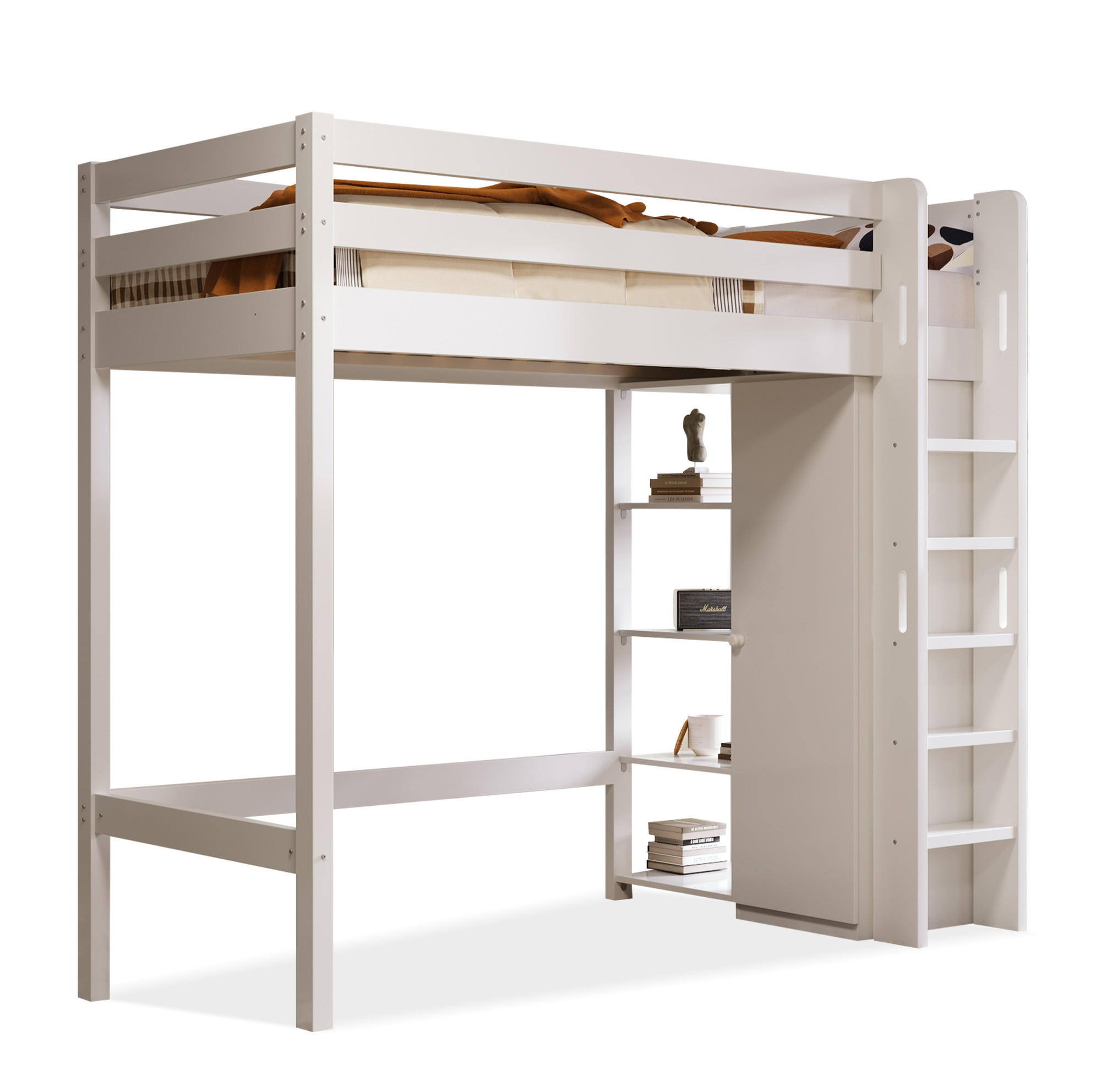 HOCHBETT 90/200 cm in Weiß – mit Kleiderschrank, 6 Regalen und Lattenrost - Weiß, Holzwerkstoff (90/200cm) - BEAOK