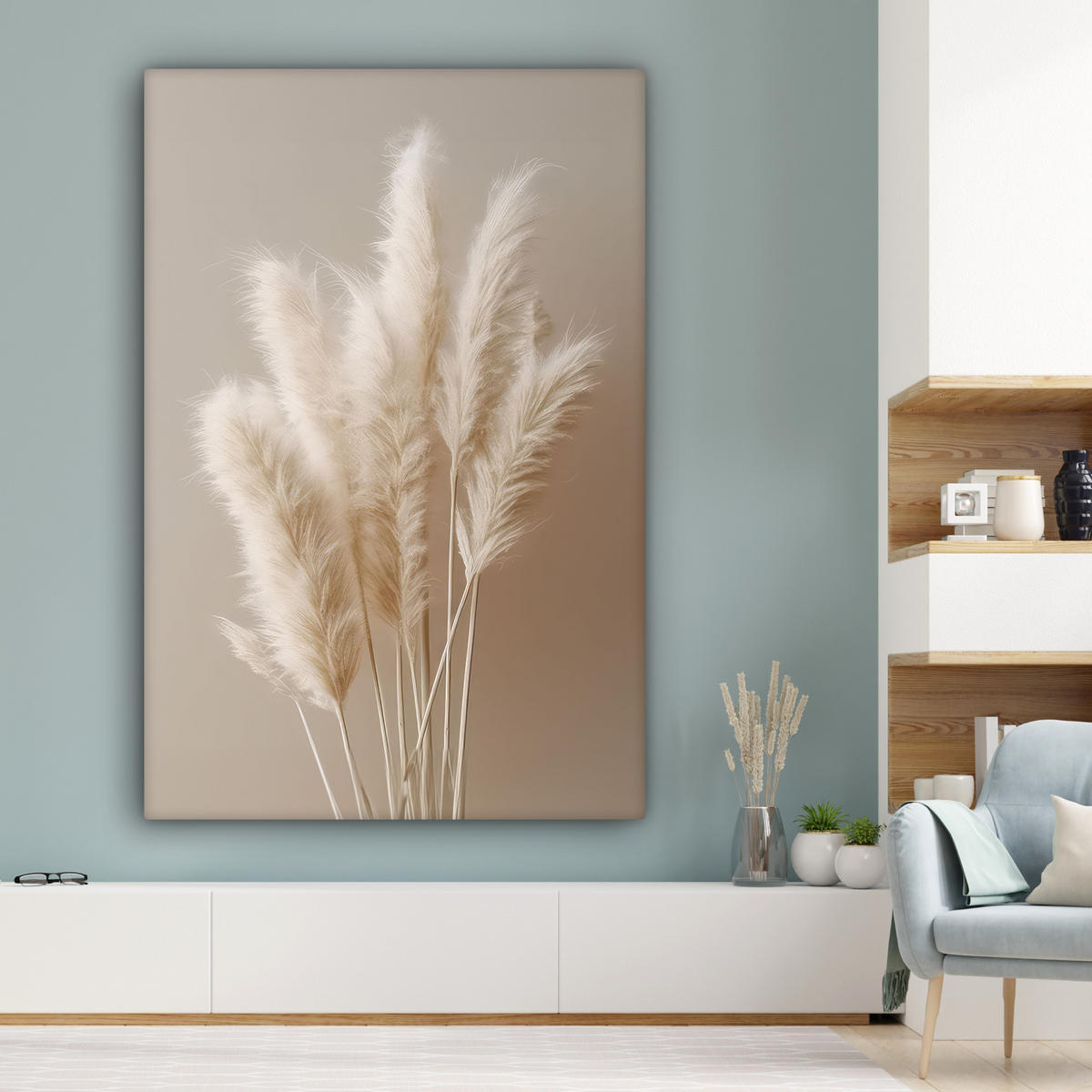LEINWANDBILD Pampasgras - Federn - Pastell - Weiß Deko Groß 90x140 cm - Naturfarben, Textil (90/140cm) - MuchoWow