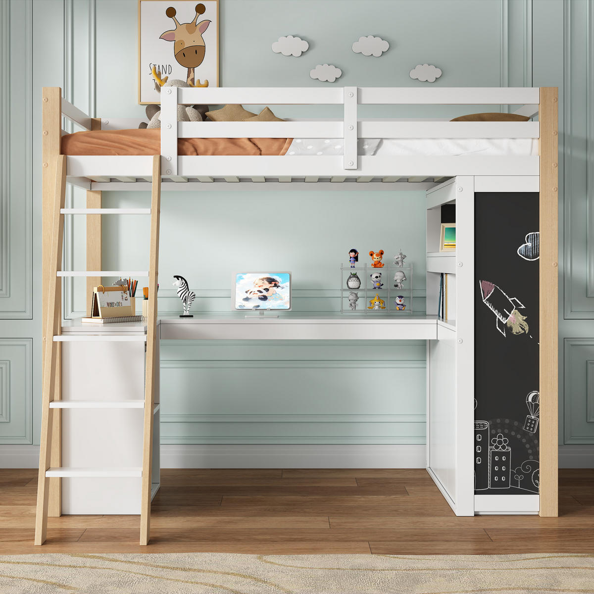 KINDERBETT 90x200cm Weiß+Natur Mit Schreibtisch & Tafel - Multicolor, Holzwerkstoff (90/200cm) - FLIEKS