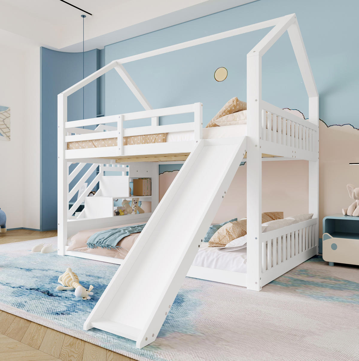 ETAGENBETT 140/200 cm weiß mit Stauraumtreppe und Rutsche - Weiß, Holz (140/200cm) - OKWISH