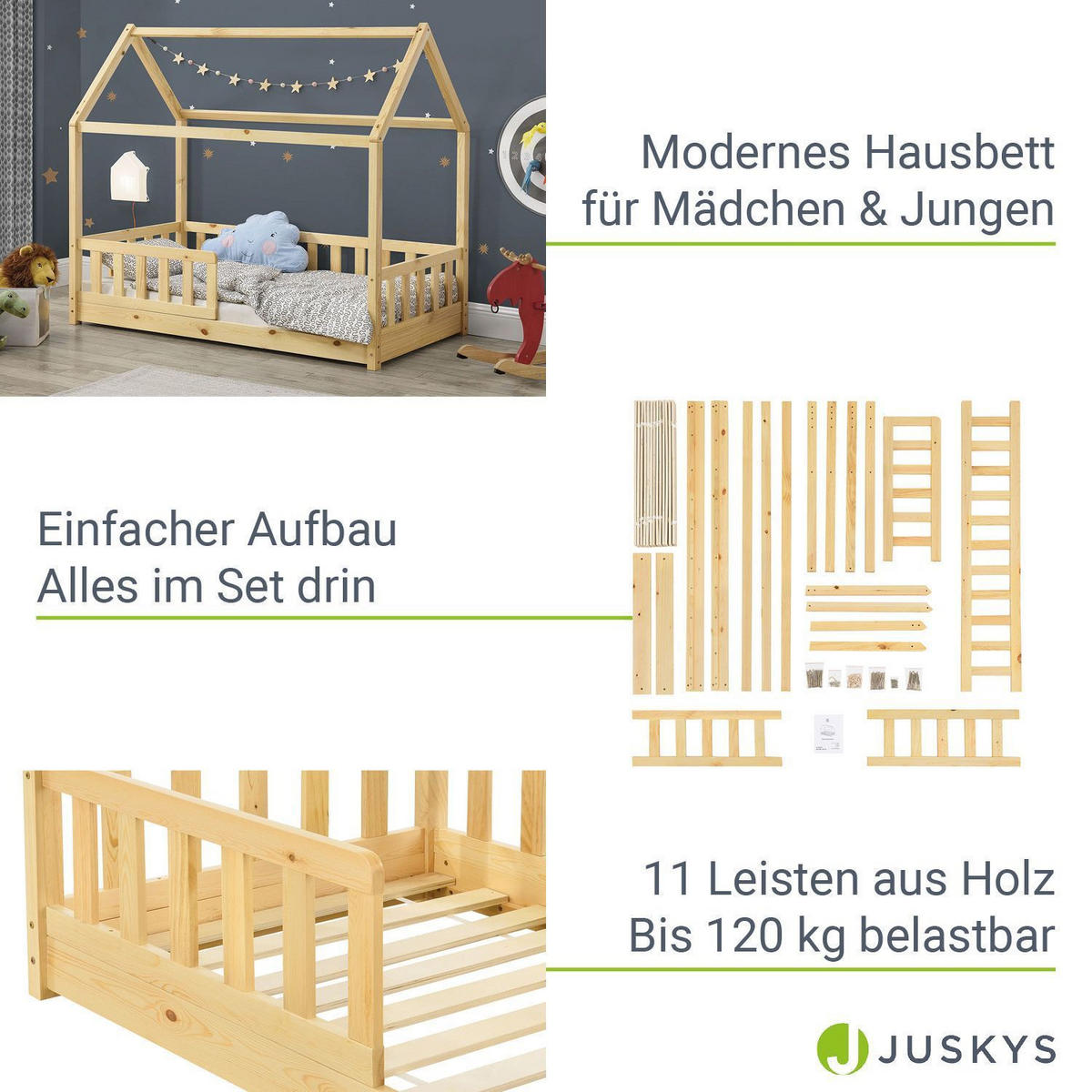 KINDERBETT Marli mit Matratze natur 80x160 cm - Naturfarben, Holzwerkstoff (80/160cm) - Juskys