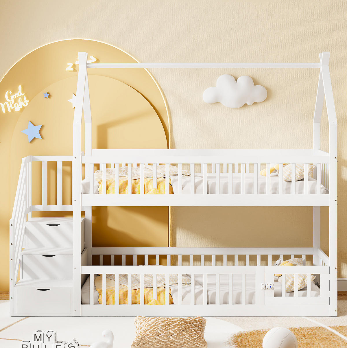 ETAGENBETT 90/200 cm mit Hausdach, Sicherheitstreppe und Schubladen, Weiß - Weiß, Holzwerkstoff (90/200cm) - Redom