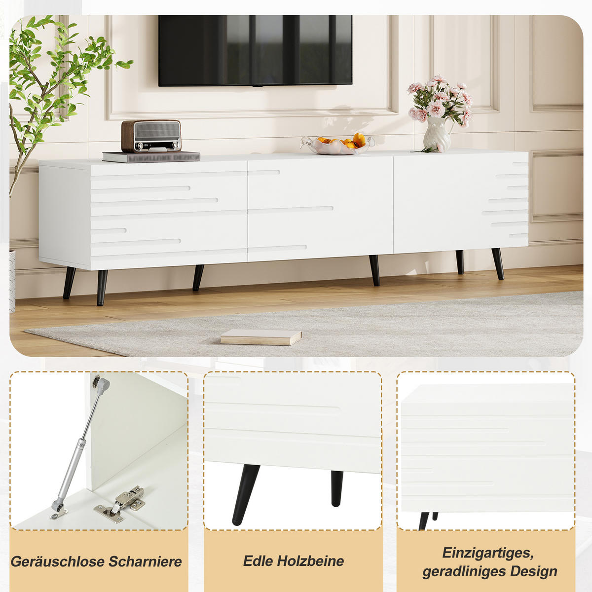 TV-LOWBOARD 180x40x48 cm Weiß MDF 3 Türen Stauraum - Weiß, Holzwerkstoff (40/48/180cm) - FLIEKS