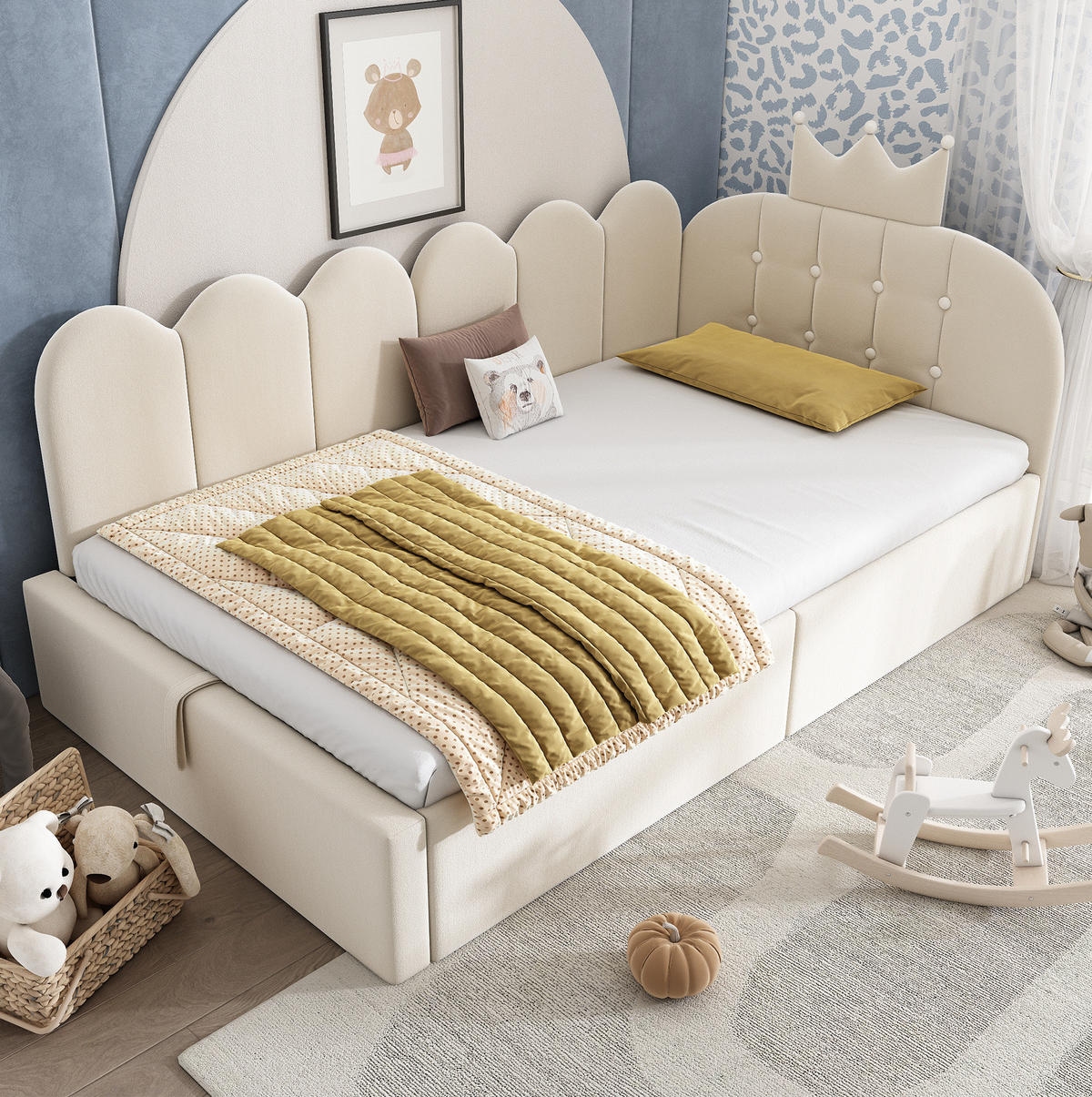 KINDERBETT Polsterbett 90/200 cm aus Samt mit Stauraum und Kronen-Gitter-Design Beige - Beige, Textil (90/200cm) - Modenvie