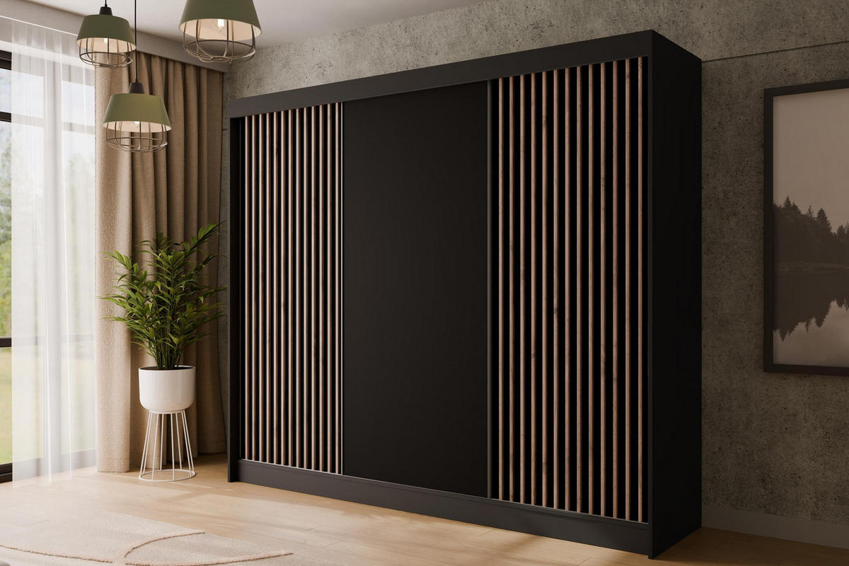 KLEIDERSCHRANK mit Lamel-Schiebetüren VILANv2 - 250 cm Schwarz + Lamelle Eiche Wotan - Eiche Wotan/Schwarz, Holzwerkstoff (250/215/61cm) - ALTDECOR
