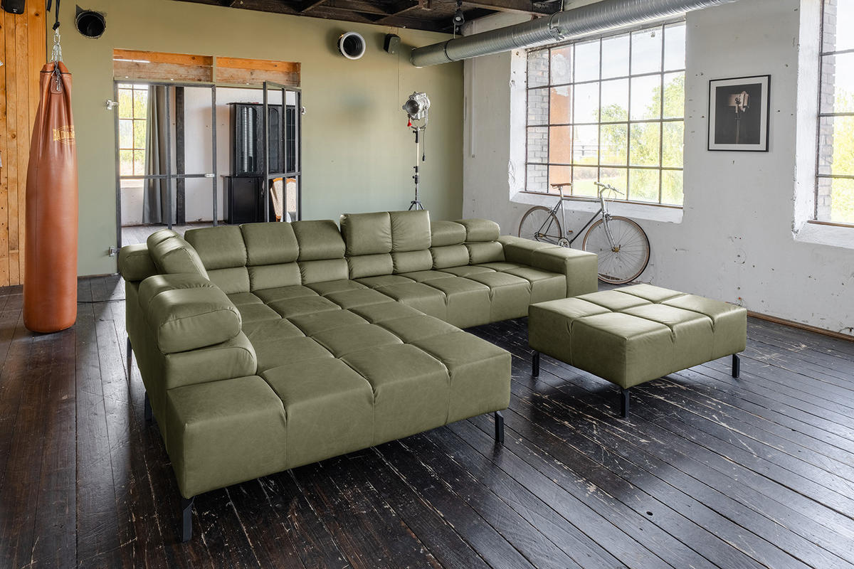 ECKSOFA NELSON Grün Leder Relaxfunktion - Schwarz/Olivgrün, Leder/Metall (321/216cm) - KAWOLA