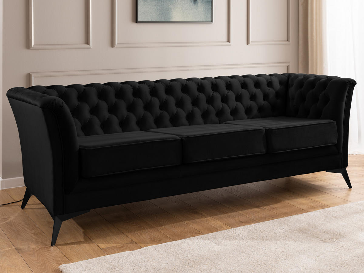 CHESTERFIELD-SOFA 3-sitzer Whitby Schwarz Samt mit schwarzen Füßen - Schwarz, Holz/Textil (237/78/82cm) - S-Style Möbel