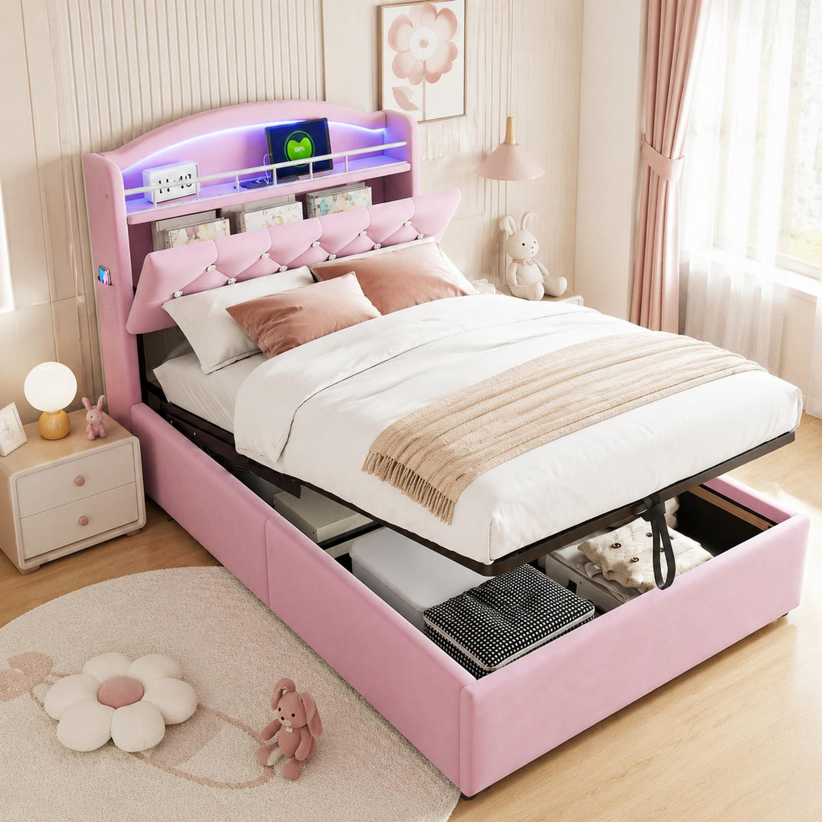 POLSTERBETT 90/200 mit LED, USB und Stauraum in Rosa - Rosa, Holzwerkstoff/Textil (90/200cm) - EVRYAE