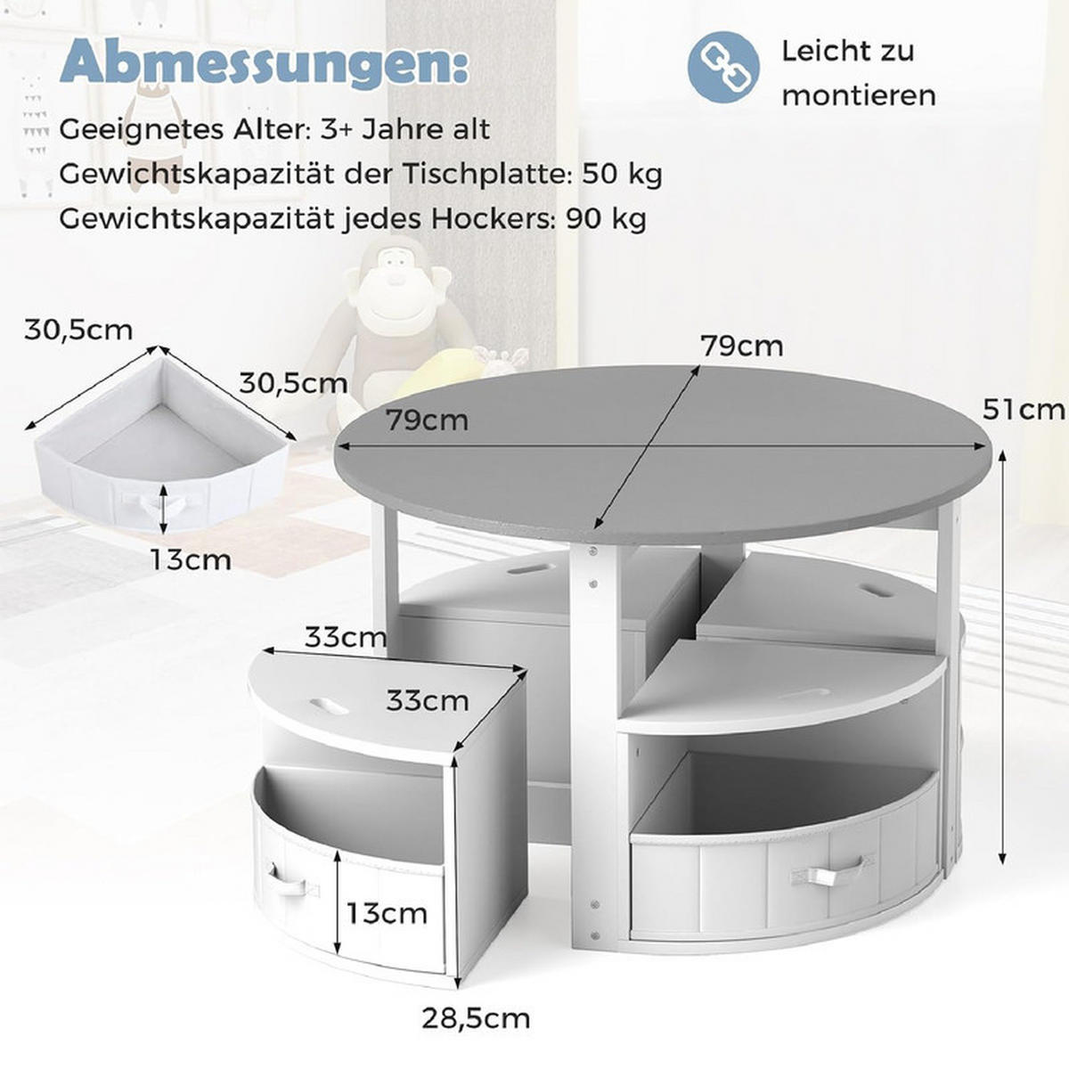 KINDERTISCHE mit Stühlen grau(5-tlg) - Grau, Holzwerkstoff (79/51/79cm) - COSTWAY