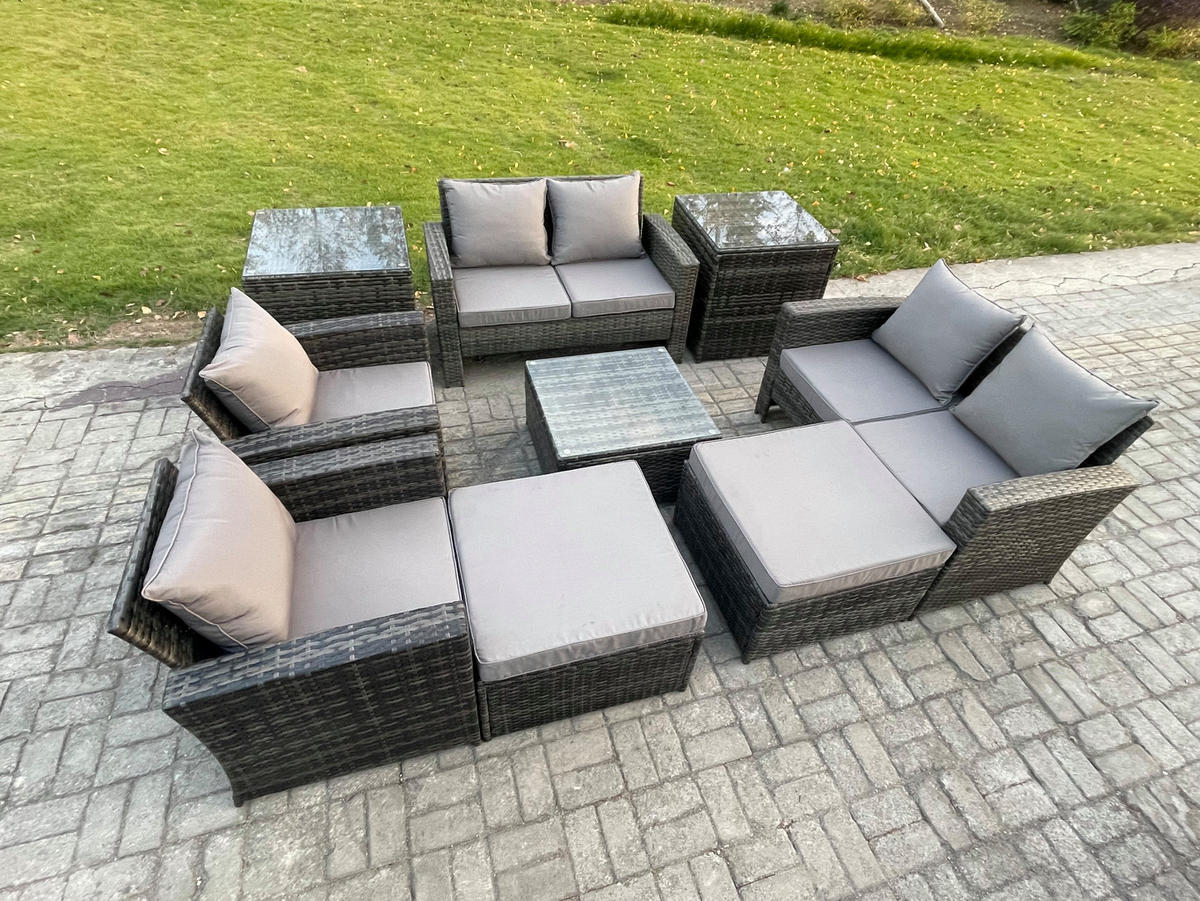 GARTENSOFA SET mit Couchtisch Polyrattan Dunkelgrau 8-Sitzer - Dunkelgrau, Metall - Fimous