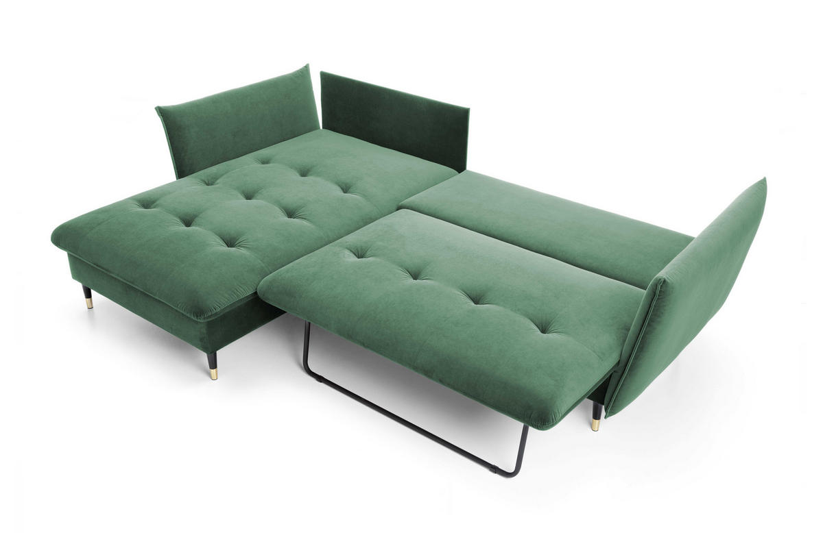 ECKSOFA GLAM mit Schlaffunktion, Ottomane & goldenen Füßen – Samtsofa im Glamour-Stil mit Zierkissen, 258x167x91cm, Linke, GRÜN - Grün, Holz/Textil (167/258cm) - DomoHome