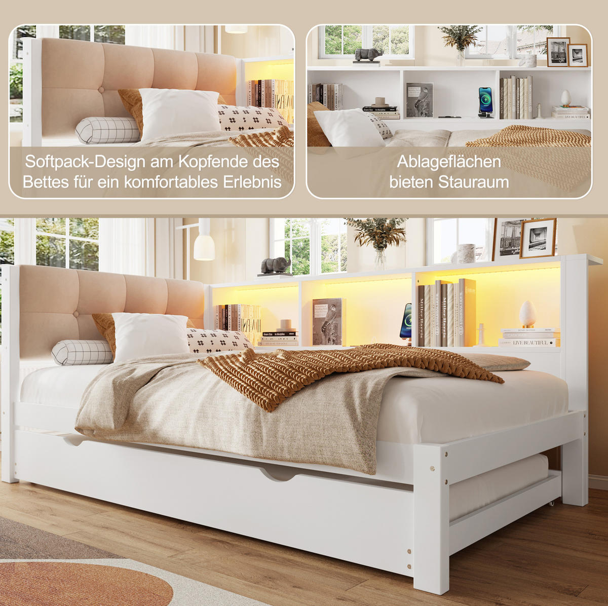 TAGESBETT 90/200 cm mit Ausziehbett, LED-Beleuchtung, USB-Anschluss und Regal, Kiefer/MDF, Weiß - Weiß, Holzwerkstoff (90/200cm) - Redom