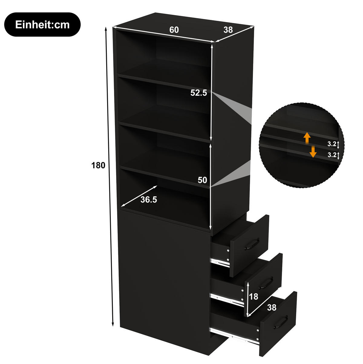 REGAL schmal mit Seitenschubladen 60x38x180 cm Schwarz - Schwarz, Holzwerkstoff (38/180/60cm) - Beauniv