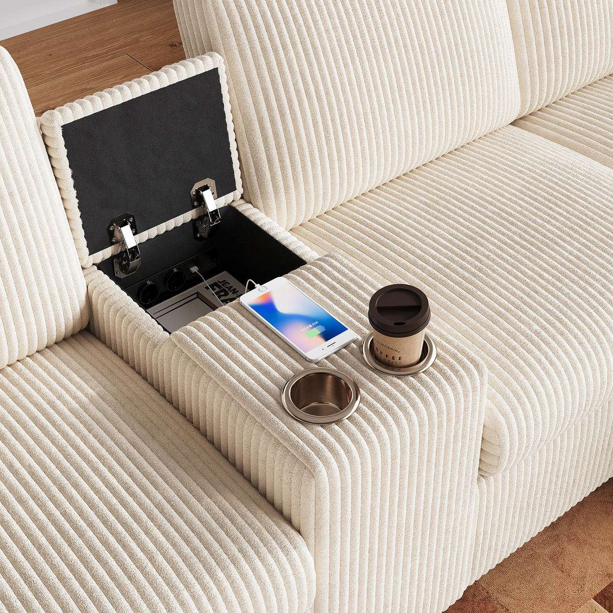 WOHNLANDSCHAFT Cord Beige mit Hockern, USB, Type-C und Steckdosen - Beige, Holzwerkstoff/Kunststoff (315/81/135cm) - WISHDOR