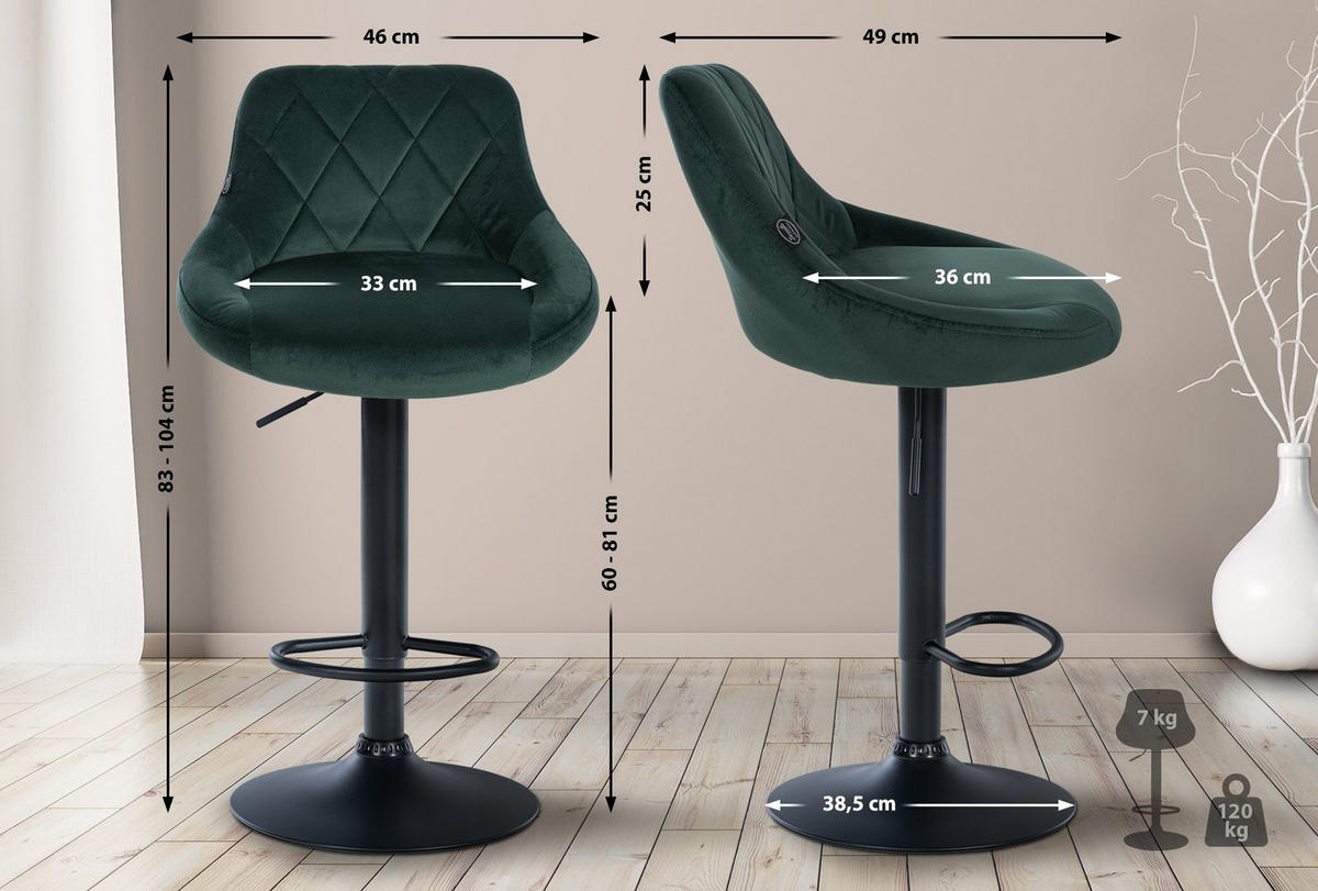 BARHOCKER 2er Set Samt dunkelgrün - Dunkelgrün/Schwarz, Textil/Metall (46/83/49cm) - CLP