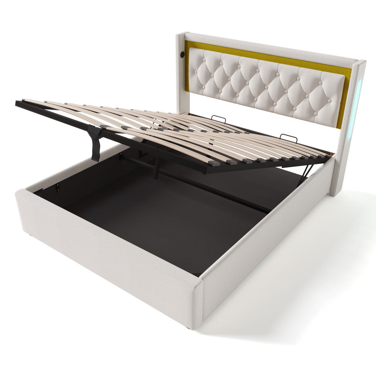 POLSTERBETT 140/200 cm Beige mit LED-Beleuchtung und USB-Typ-C-Ladefunktion - Beige, Textil (140/200cm) - OKWISH