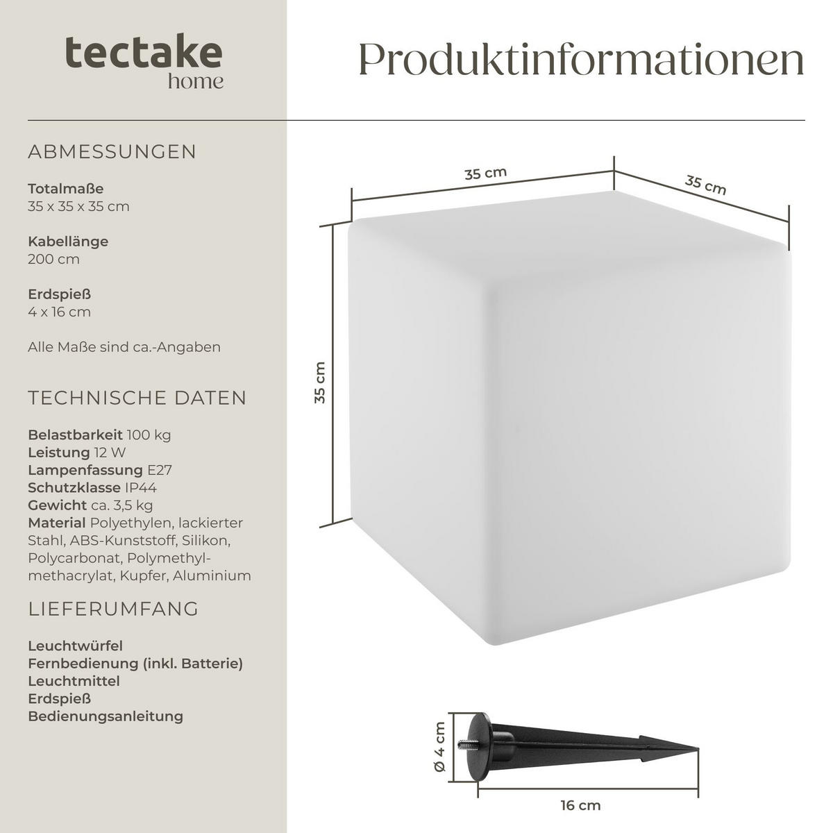 LEUCHTWÜRFEL Luminous Cube, Belastbarkeit 100 kg, inkl. Erdspieß, weiß - Weiß, Kunststoff (35/35/35cm) - tectake