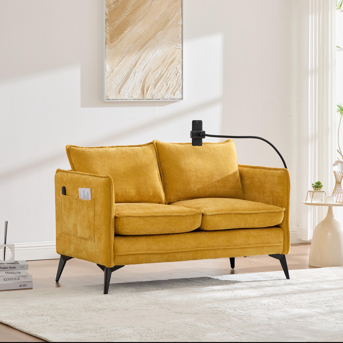 2-SITZER Sofa Chenille mit Handyhalterung und Ablagefächern 127/69/66 cm Gelb - Gelb, Textil (66/127/69cm) - Redom