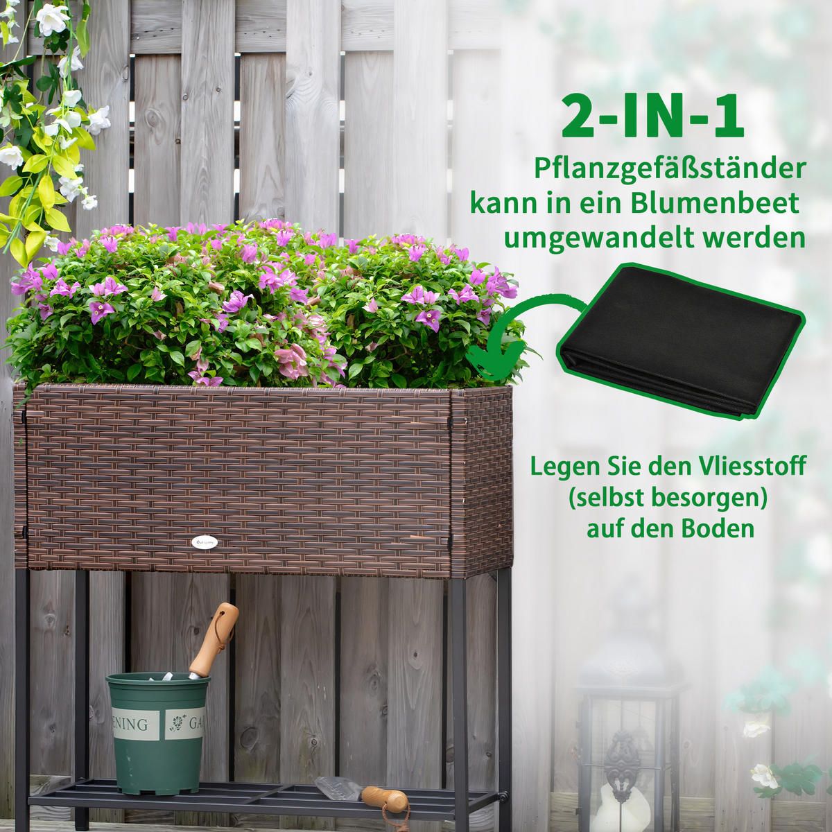 POLY Rattan Hochbeet mit Füßen Rattan Ablage Braun 70 x 30 x 70 cm - Braun, Metall (30/70/70cm) - Outsunny