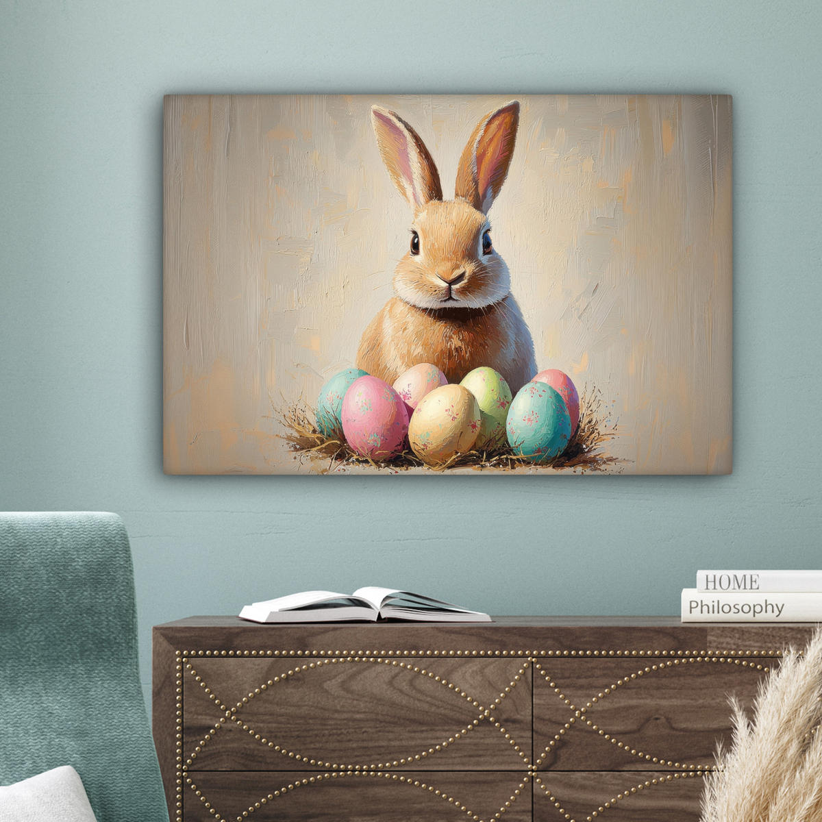 LEINWANDBILD Osterhase - Pastell - Eier Gemälde 60x40 cm - Beige, Textil (60/40cm) - MuchoWow