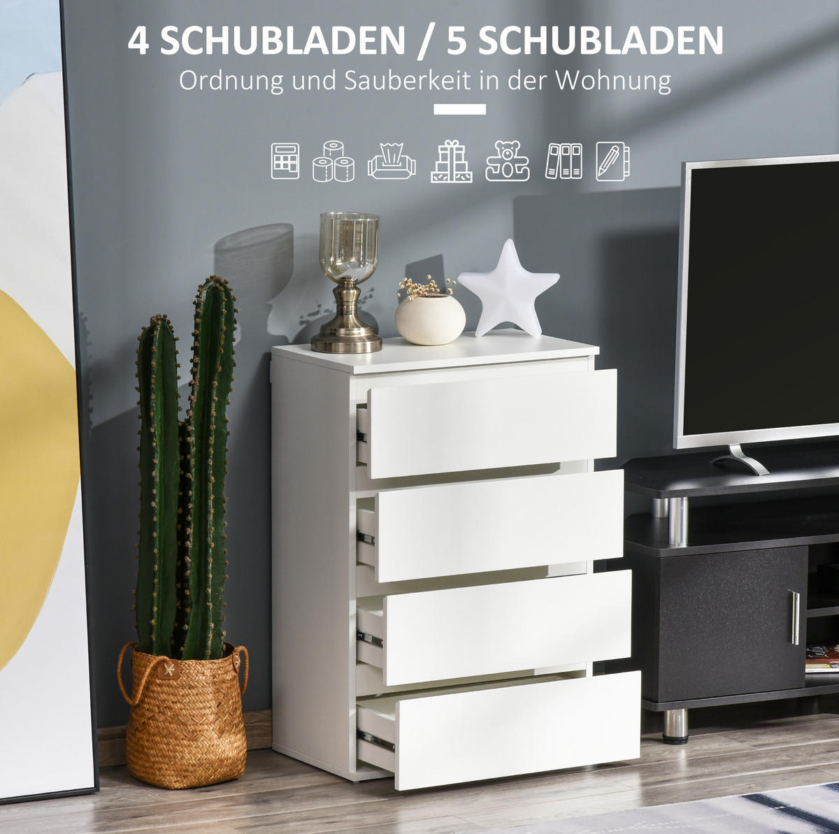 KOMMODE aus MDF 33x55x80 cm Weiß mit 4 Schubladen und Kippsicherung - Weiß, Holzwerkstoff (55/80/33cm) - IVMEU