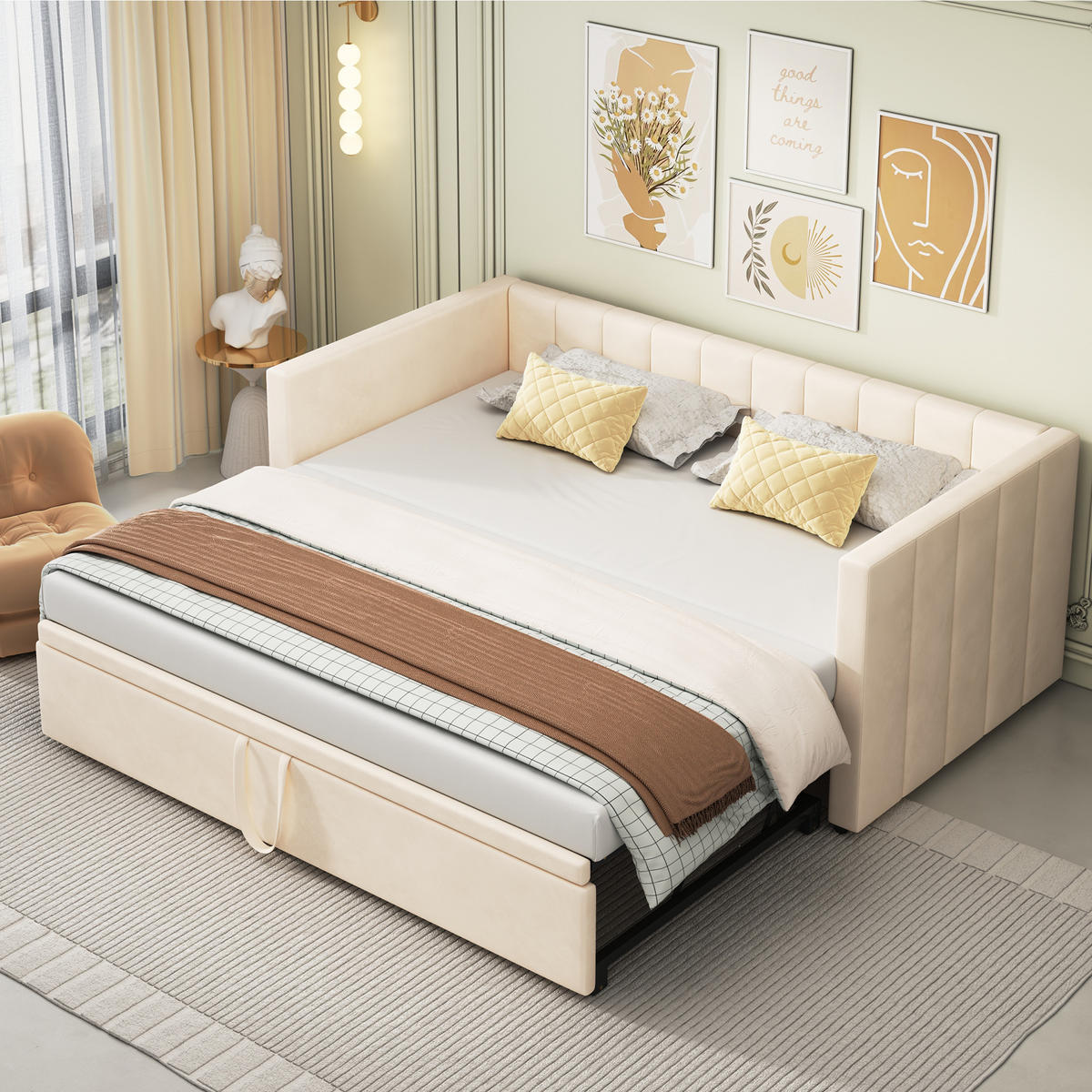 AUSZIEHBETT 90/180/200 cm DE-01586, in Beige - Beige, Holzwerkstoff (90/200cm) - ComfortXL