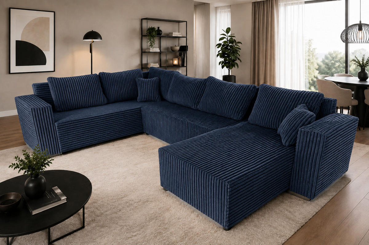 WOHNLANDSCHAFT Stylo U-Form mit Schlaffunktion & Bettkasten – Ecksofa in Cord Tilia – Breite 315 cm Blau - Blau, Kunststoff (314/90/215cm) - Wohnideebilder