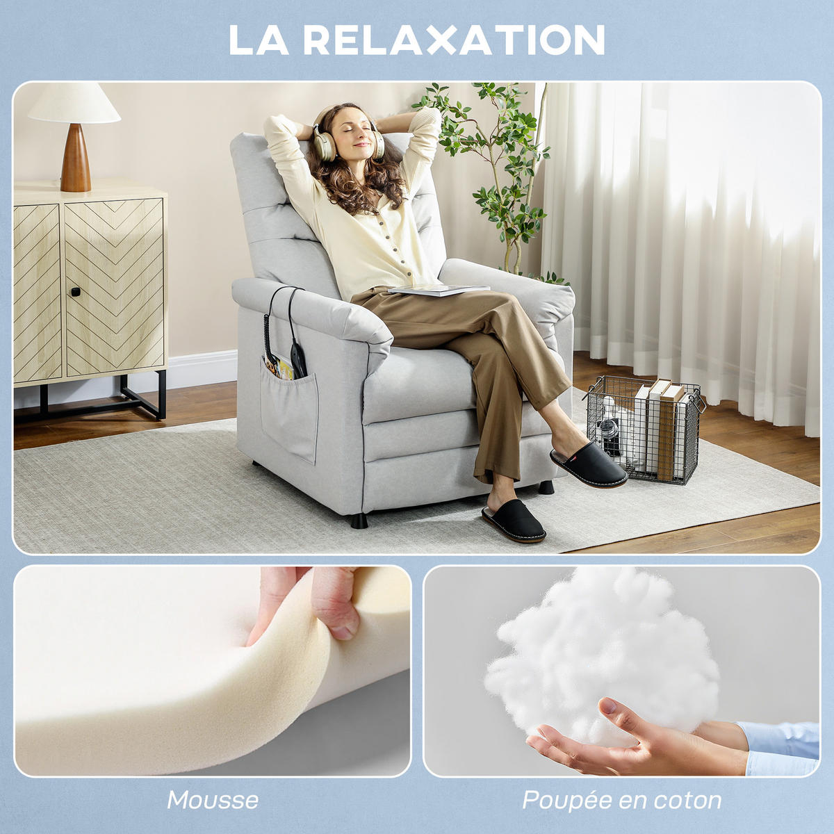 MASSAGESESSEL DE-15448 leiser Motor mit Massage & Heizung Grau - Hellgrau, Metall (82/106/99cm) - ComfortXL
