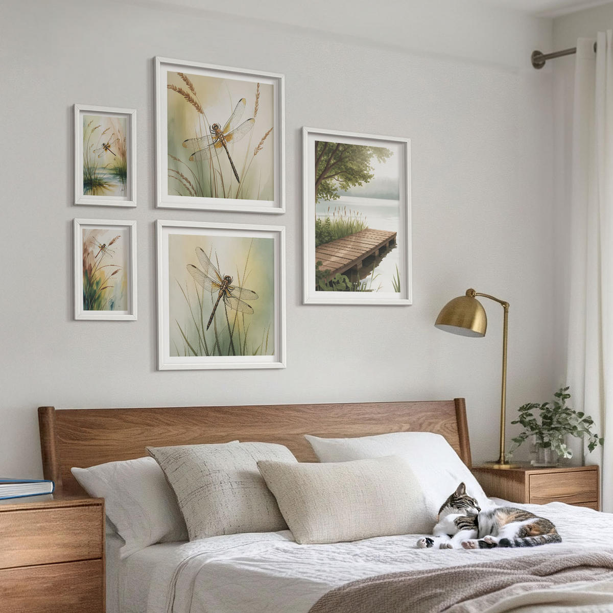 BILDER SET 5er Set - 50x50 cm & 20x30 cm & 40x60 cm Weißer Rahmen - Libellengräser über dem Wasser - Weiß, Kunststoff (40/60cm) - TULUP