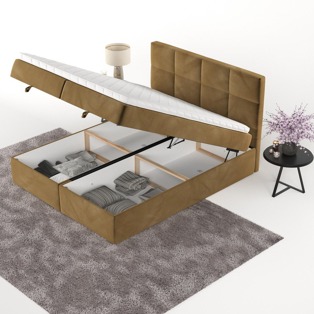 BOXBETT Velto 200/200 cm Honiggelb im Kronos Stoff - Schwarz/Honig, Holz/Holzwerkstoff (200/200cm) - AltaBeds