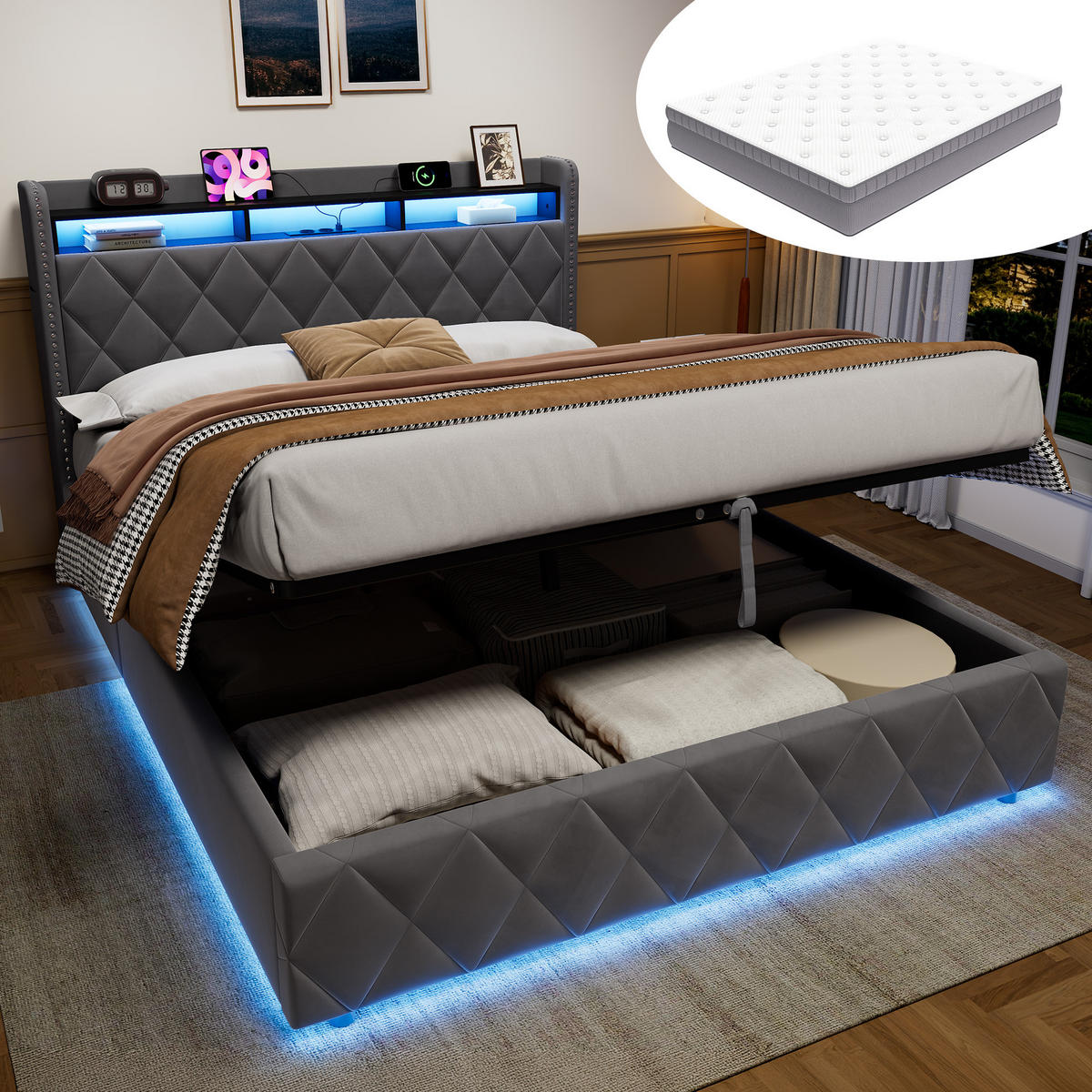 POLSTERBETT 160×200 mit LED-Beleuchtung, Bettkasten und Matratze - Grau, Holzwerkstoff/Textil (160/200cm) - EVRYAE