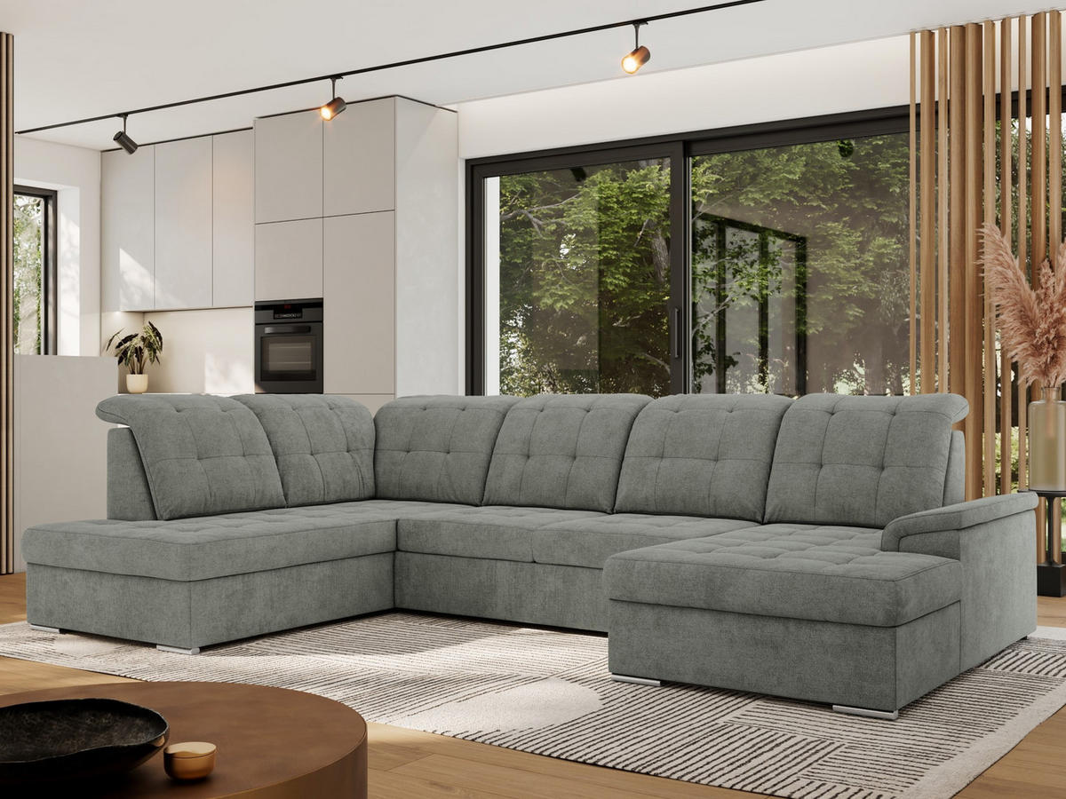 WOHNLANDSCHAFT MADRITO U - Grau Struktur - Links - Silberfarben/Grau, Textil/Metall (204/89/323cm) - MKS