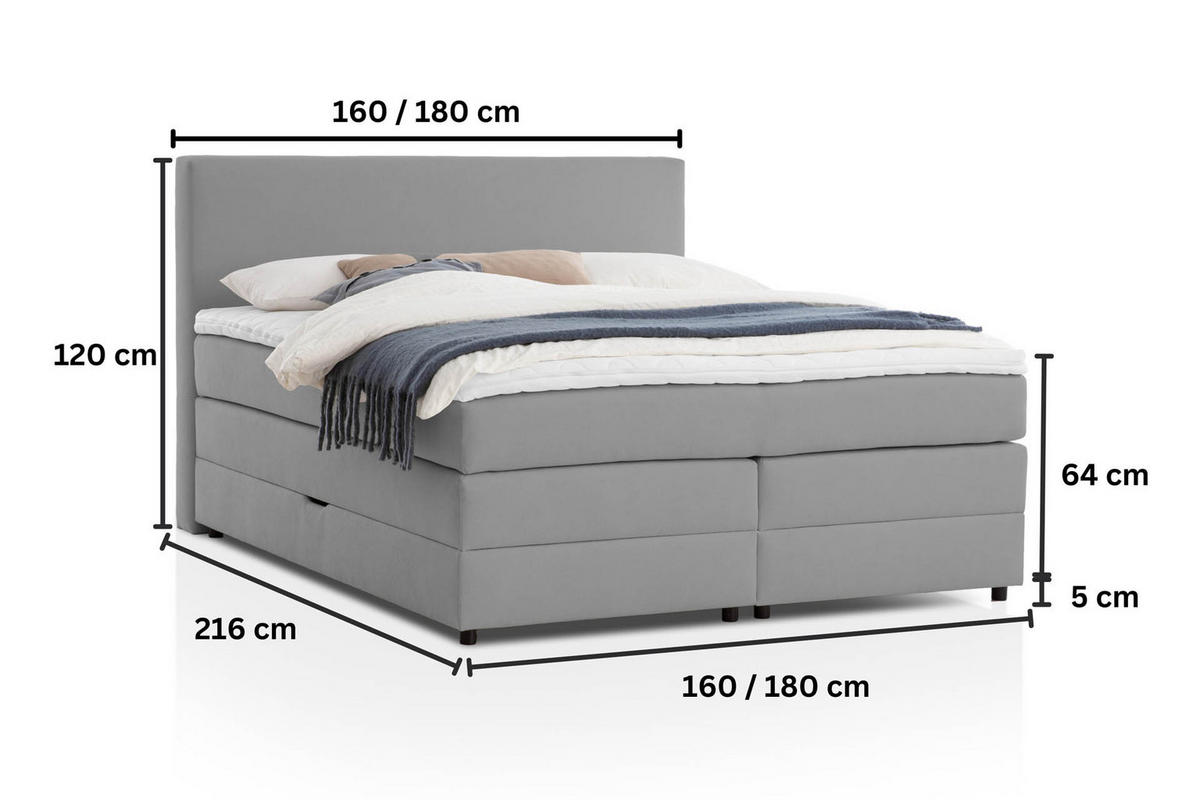 BOXSPRINGBETT LOFT 180x200 Hellgrau H2 und H3 mit Bettkasten 7-Zonen Taschenfederkern Matratze inkl. Visco Topper - Hellgrau, Textil (180/200cm) - Belanoti