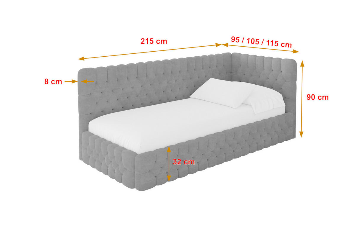 EINZELLBETT Jugendbett mit Bettkasten, Links - MULY 90x200 Grau - Hellgrau, Holzwerkstoff/Textil (90/200cm) - ALTDECOR