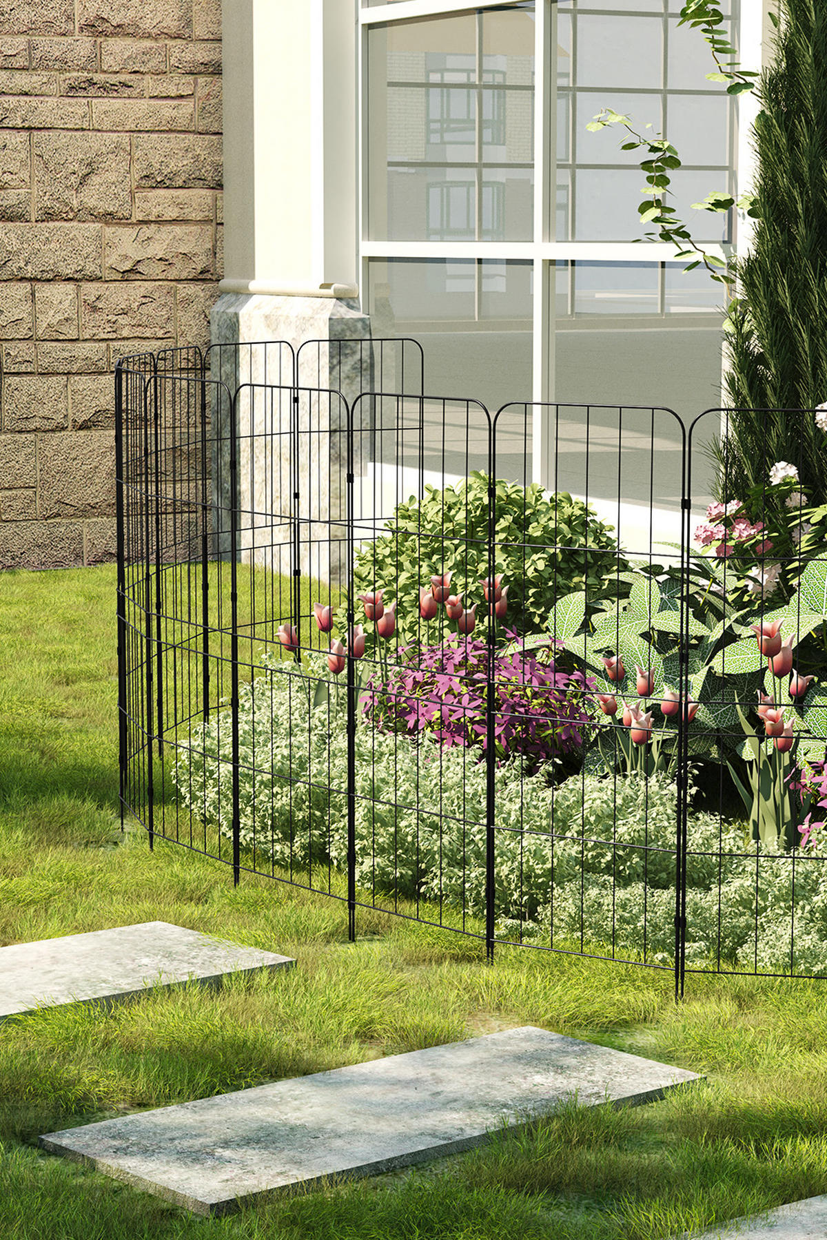 GARTENZAUN 10 Stück aus Metall in Schwarz Abnehmbares Design Robuste Metallkonstruktion je Paneel: 31 cm B × 96 cm H - Schwarz, Metall (31cm) - Livingandhome