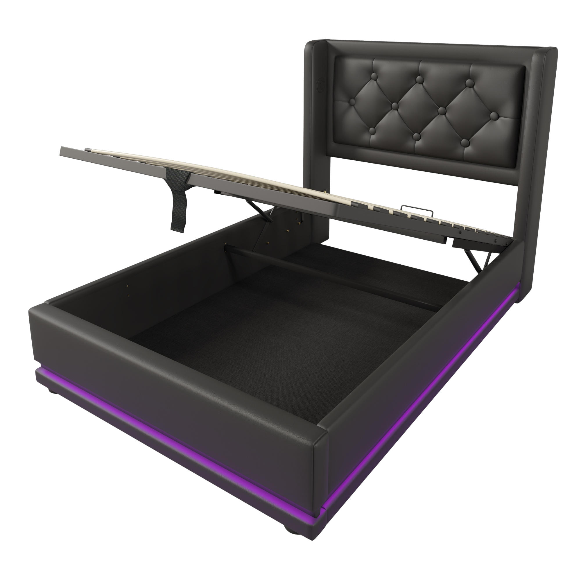 POLSTERBETT 90/200 cm in Schwarz mit USB-Typ-C-Ladeanschluss und dreiseitiger LED-Beleuchtung - Schwarz, Leder (90/200cm) - Oxeza