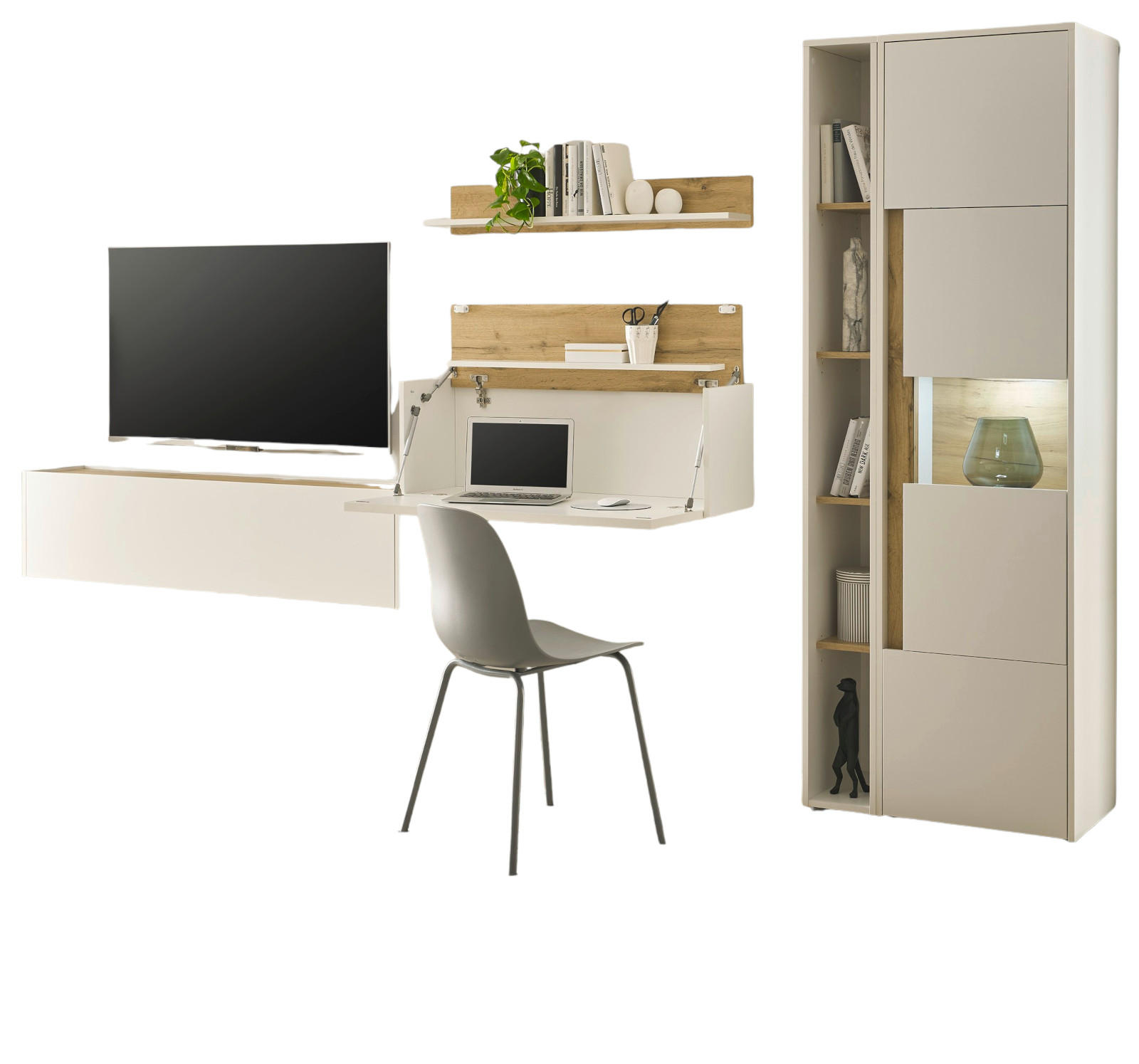 WOHNWAND weiß, Eiche Wotan 5-teilig 340 cm, Komplettset mit Sekretär - Eiche Wotan/Schwarz, Glas/Holz (340/200/40cm) - Furn.Design