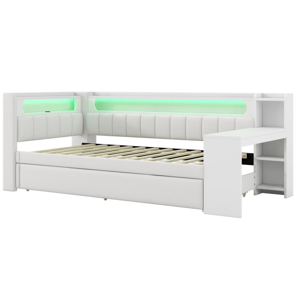 POLSTERBETT 90/200 cm Weiß mit Polsterbett, Schreibtisch und LED-Beleuchtung - Weiß, Holzwerkstoff (90/200cm) - Flora Grace
