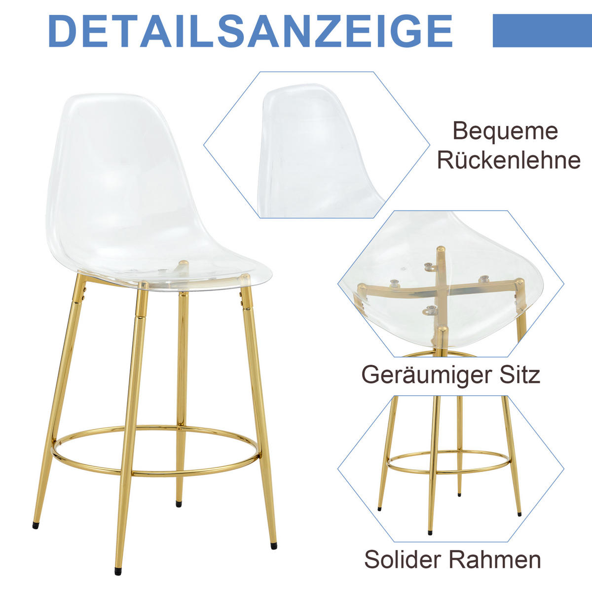 BARHOCKER 2er-Set Transparent mit goldfarbenem Metallgestell - Goldfarben, Metall (48.5/102/48.5cm) - MIVRAY
